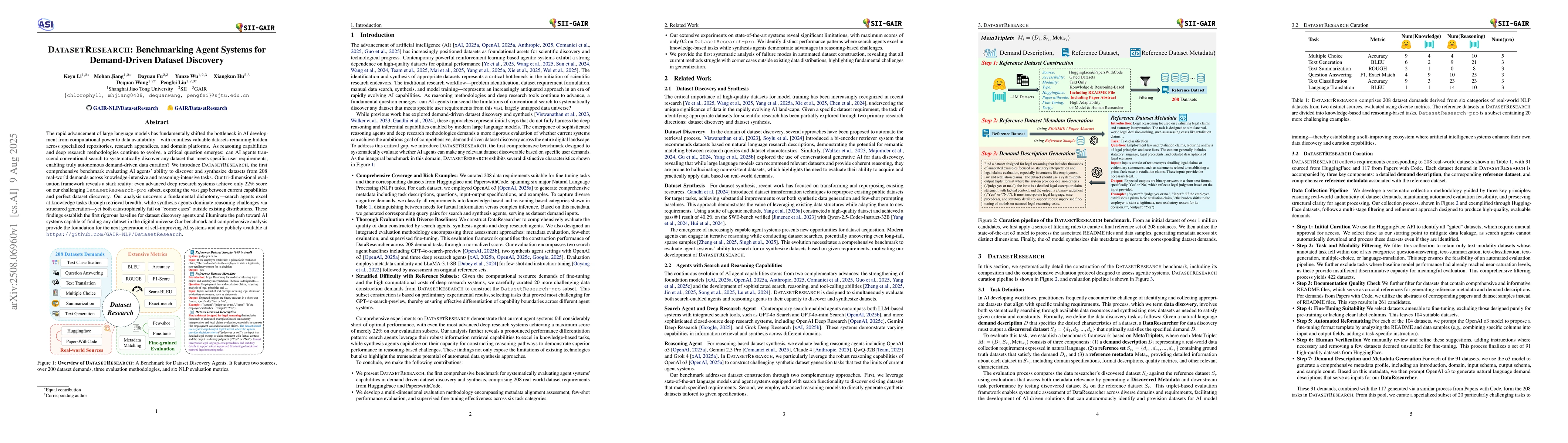 Thumbnail for DatasetResearch: Benchmarking Agent Systems for Demand-Driven Dataset
  Discovery