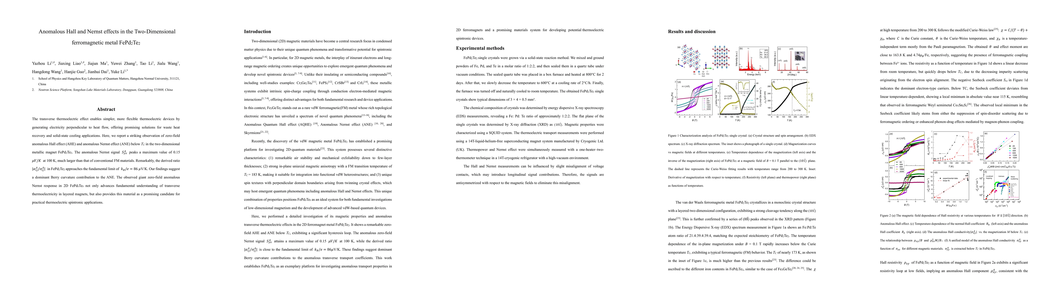 Thumbnail for Anomalous Hall and Nernst effects in the Two-Dimensional ferromagnetic
  metal FePd2Te2
