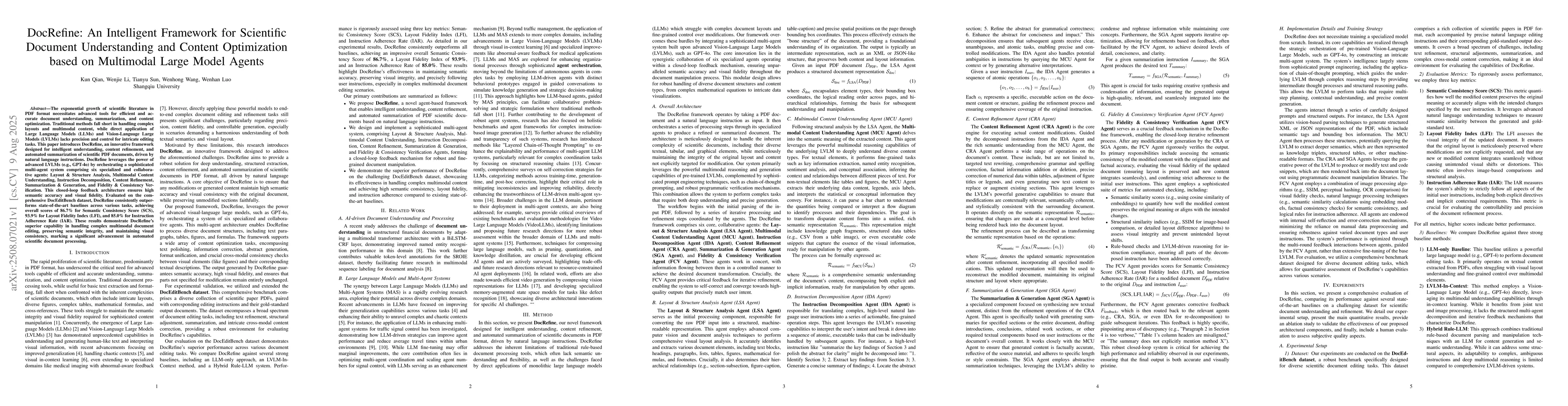 Thumbnail for DocRefine: An Intelligent Framework for Scientific Document
  Understanding and Content Optimization based on Multimodal Large Model Agents