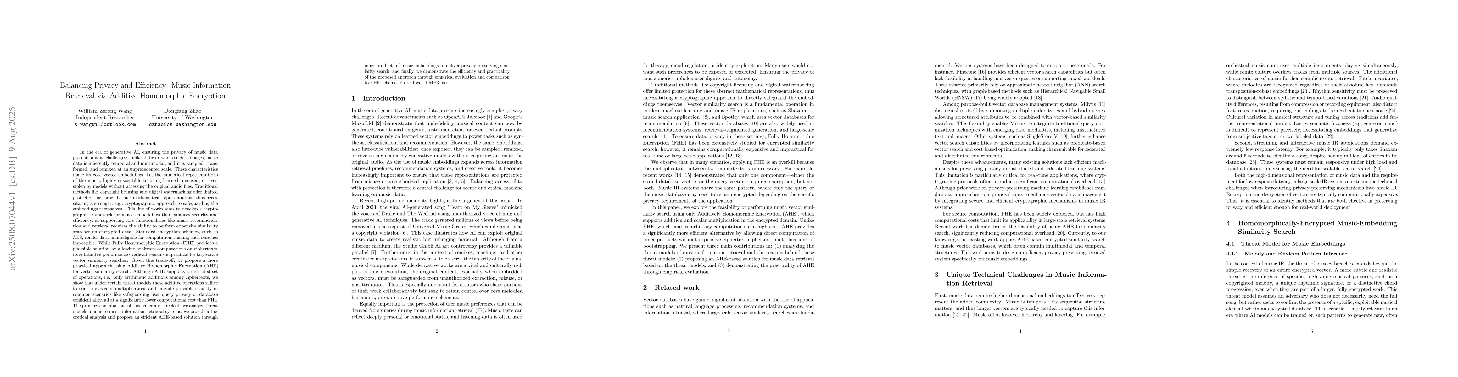 Thumbnail for Balancing Privacy and Efficiency: Music Information Retrieval via
  Additive Homomorphic Encryption