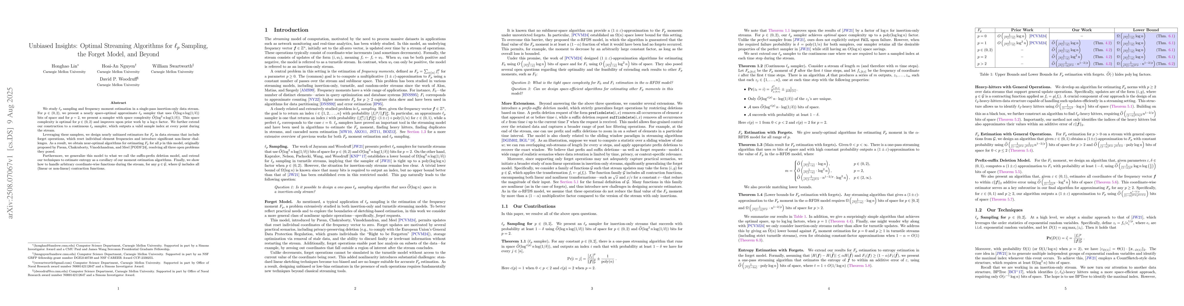Thumbnail for Unbiased Insights: Optimal Streaming Algorithms for $\ell_p$ Sampling,
  the Forget Model, and Beyond