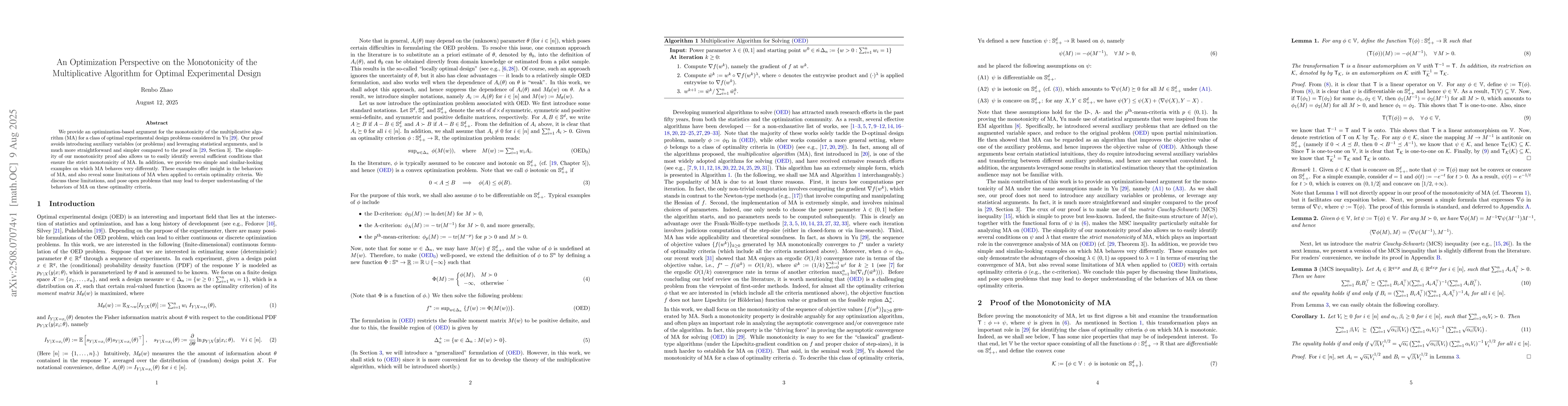 Thumbnail for An Optimization Perspective on the Monotonicity of the Multiplicative
  Algorithm for Optimal Experimental Design