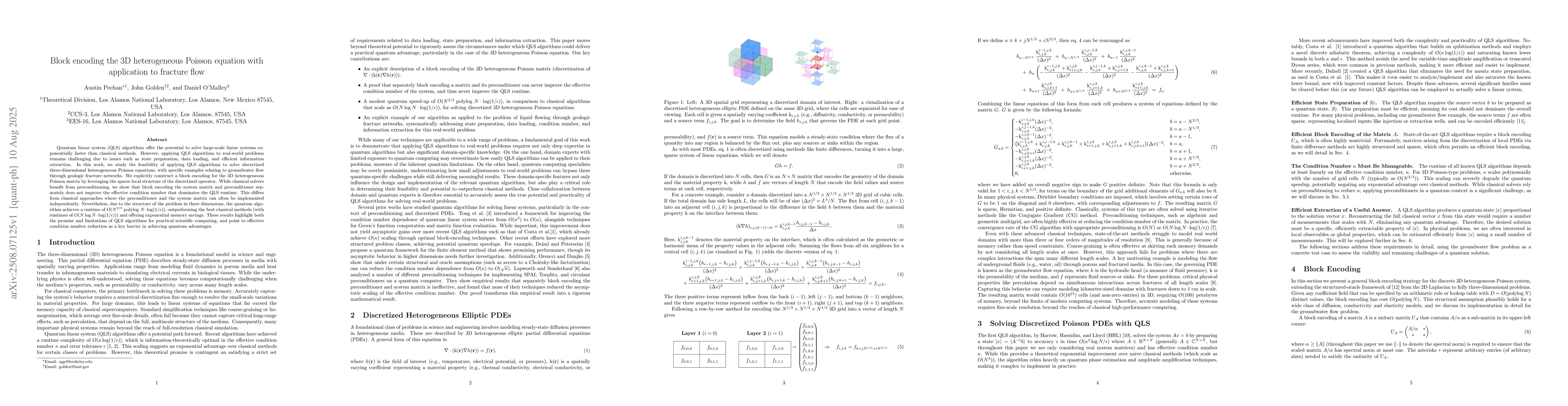 Thumbnail for Block encoding the 3D heterogeneous Poisson equation with application to
  fracture flow