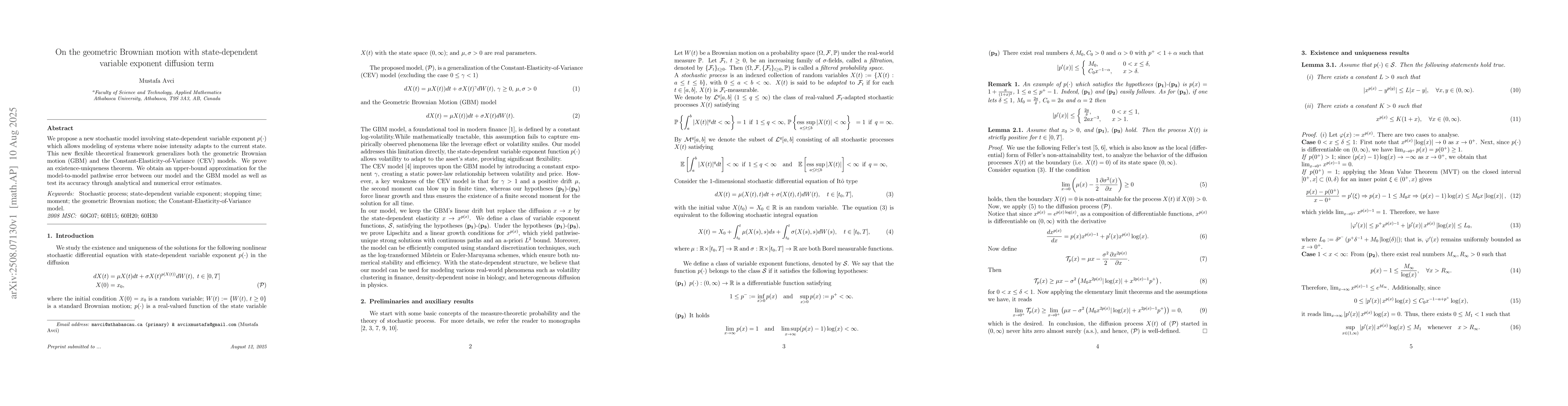 Thumbnail for On the geometric Brownian motion with state-dependent variable exponent
  diffusion term