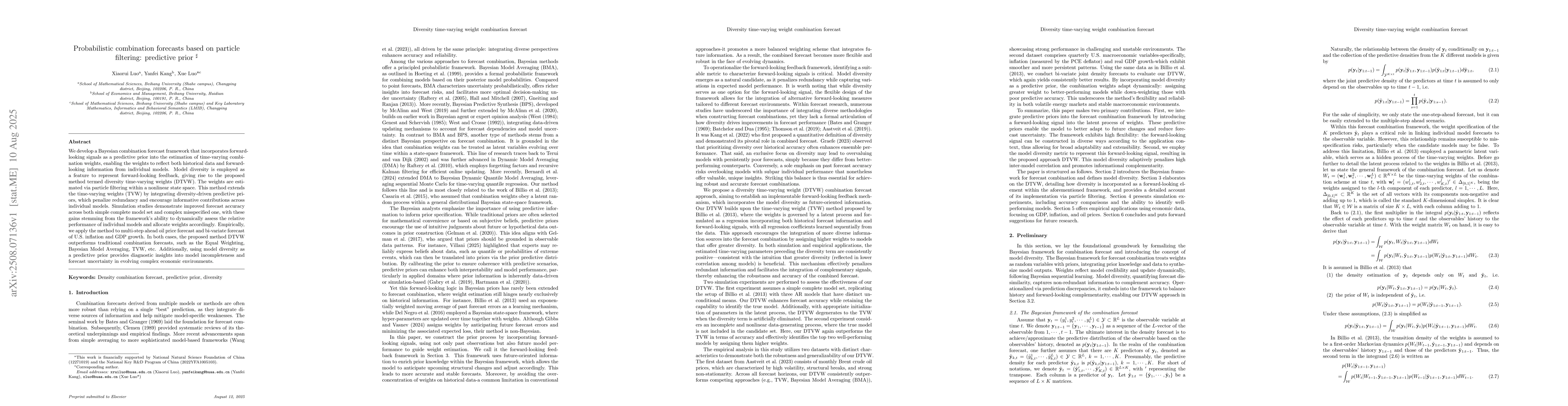 Thumbnail for Probabilistic combination forecasts based on particle filtering:
  predictive prior