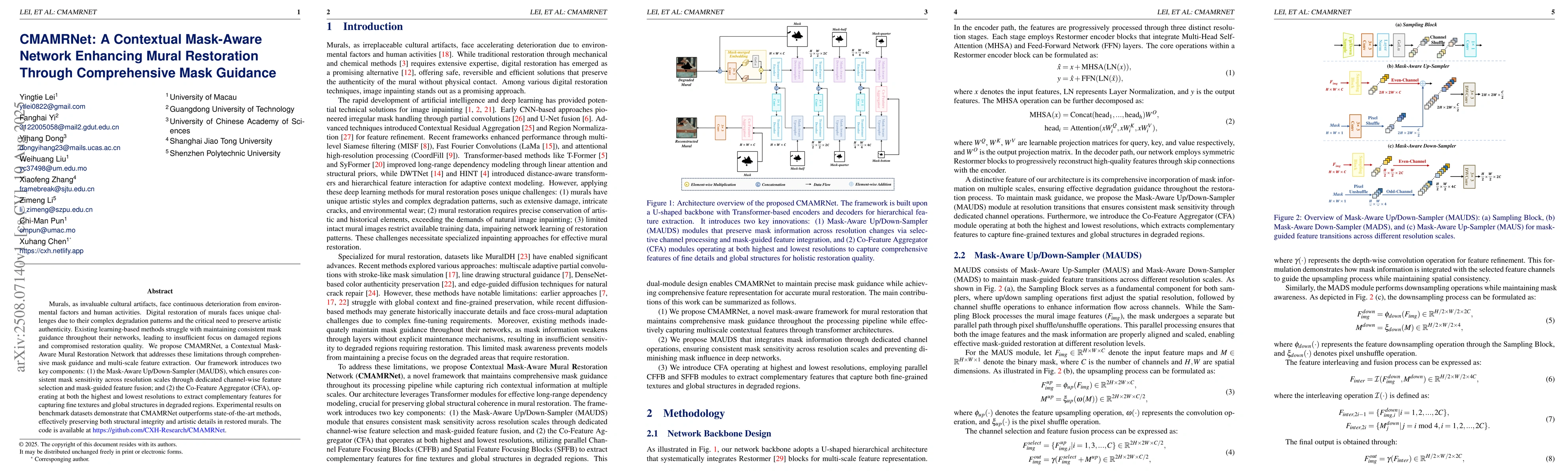 Thumbnail for CMAMRNet: A Contextual Mask-Aware Network Enhancing Mural Restoration
  Through Comprehensive Mask Guidance