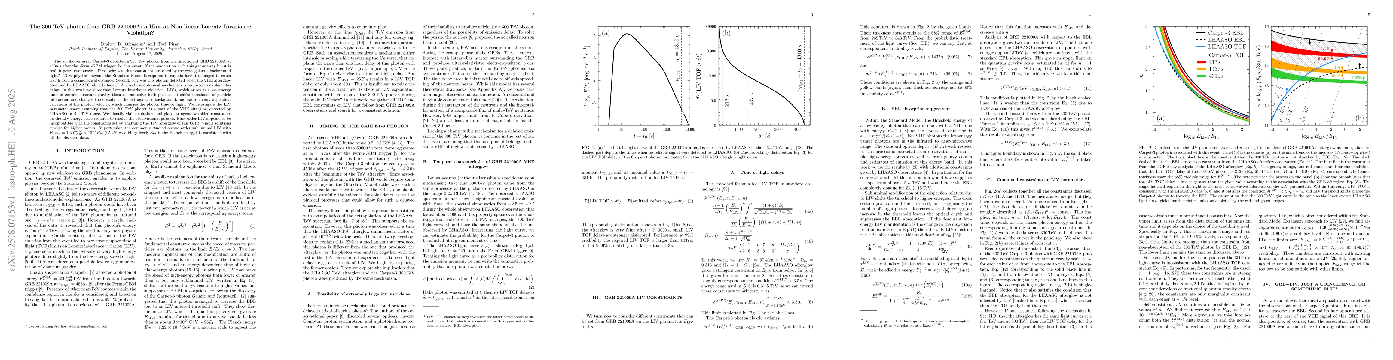 Thumbnail for The 300 TeV photon from GRB 221009A: a Hint at Non-linear Lorentz
  Invariance Violation?