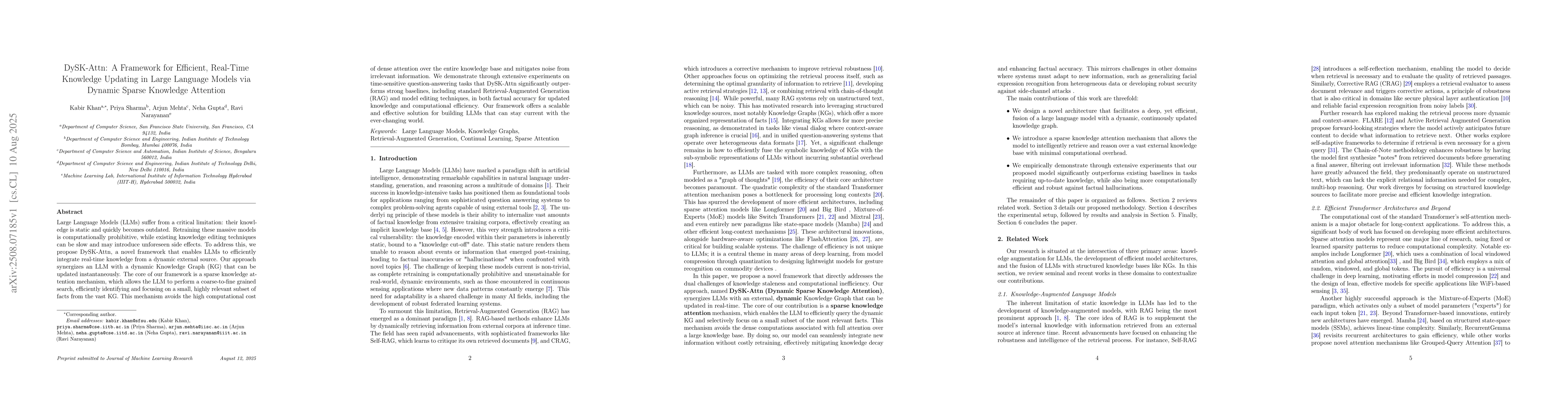 Thumbnail for DySK-Attn: A Framework for Efficient, Real-Time Knowledge Updating in
  Large Language Models via Dynamic Sparse Knowledge Attention