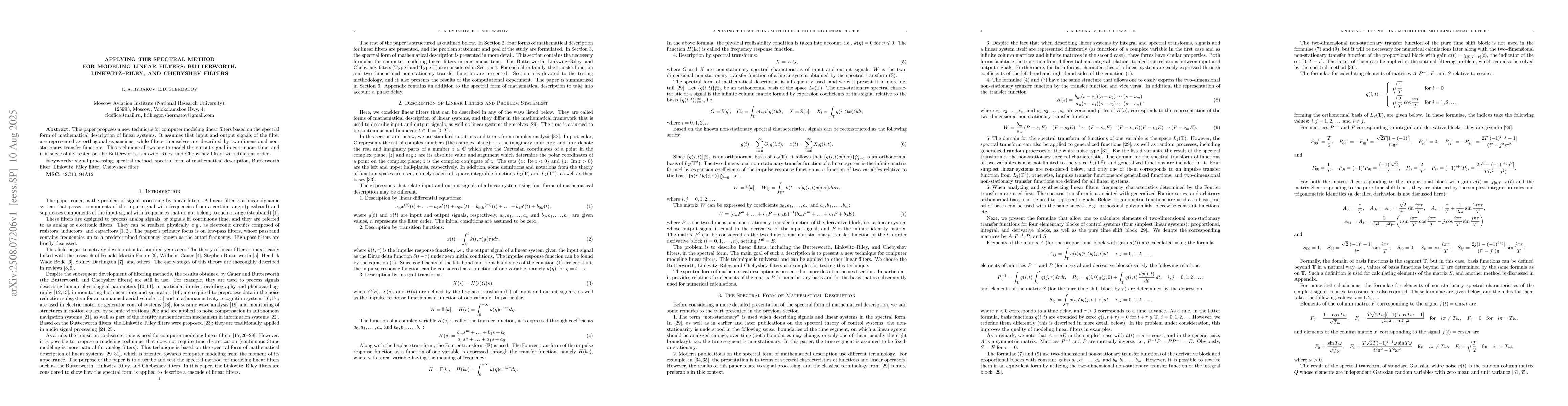 Thumbnail for Applying the Spectral Method for Modeling Linear Filters: Butterworth,
  Linkwitz-Riley, and Chebyshev filters