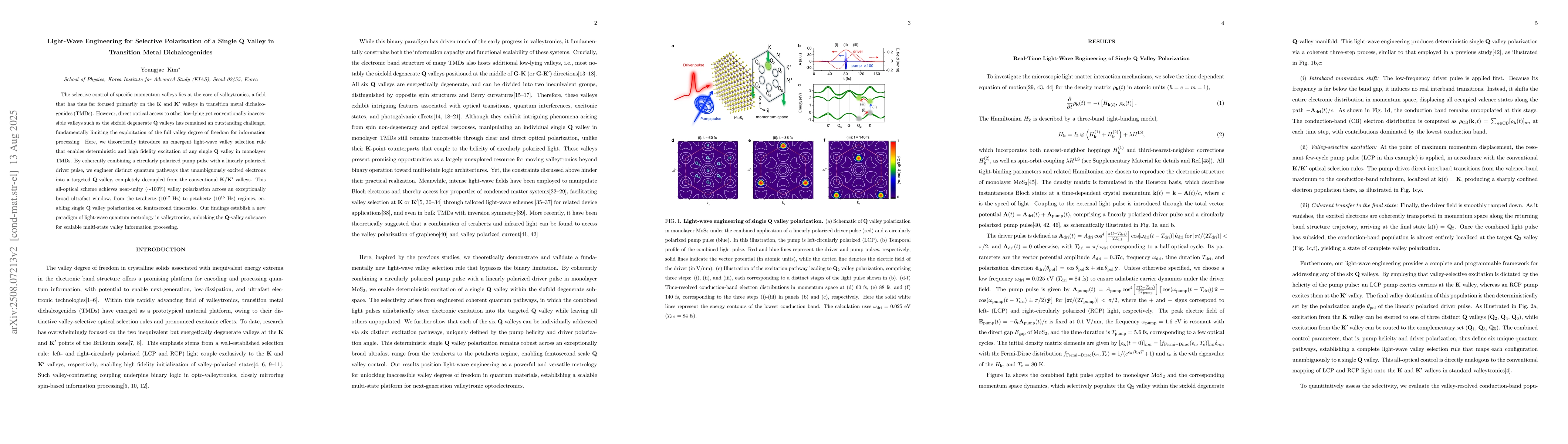 Thumbnail for Light-Wave Engineering for Selective Polarization of a Single
  $\mathbf{Q}$ Valley in Transition Metal Dichalcogenides