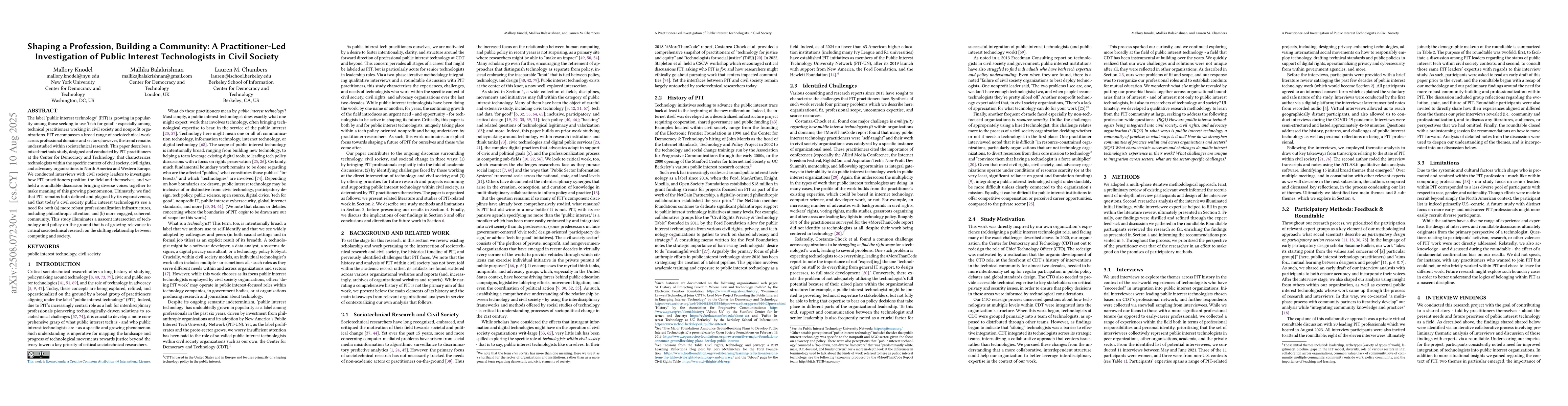 Thumbnail for Shaping a Profession, Building a Community: A Practitioner-Led
  Investigation of Public Interest Technologists in Civil Society