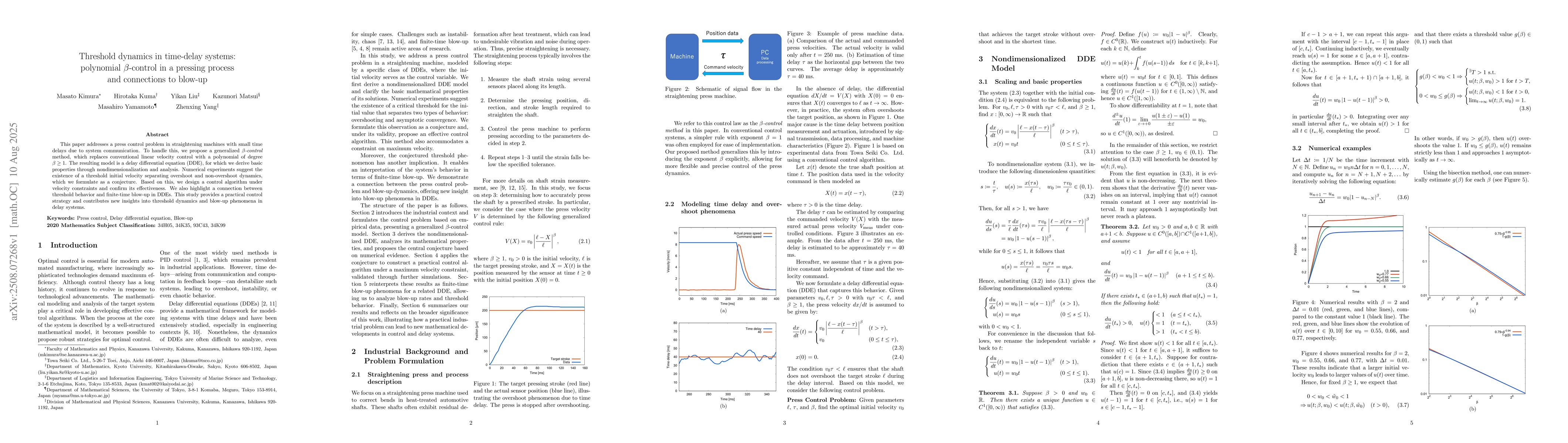 Thumbnail for Threshold dynamics in time-delay systems: polynomial $β$-control in
  a pressing process and connections to blow-up