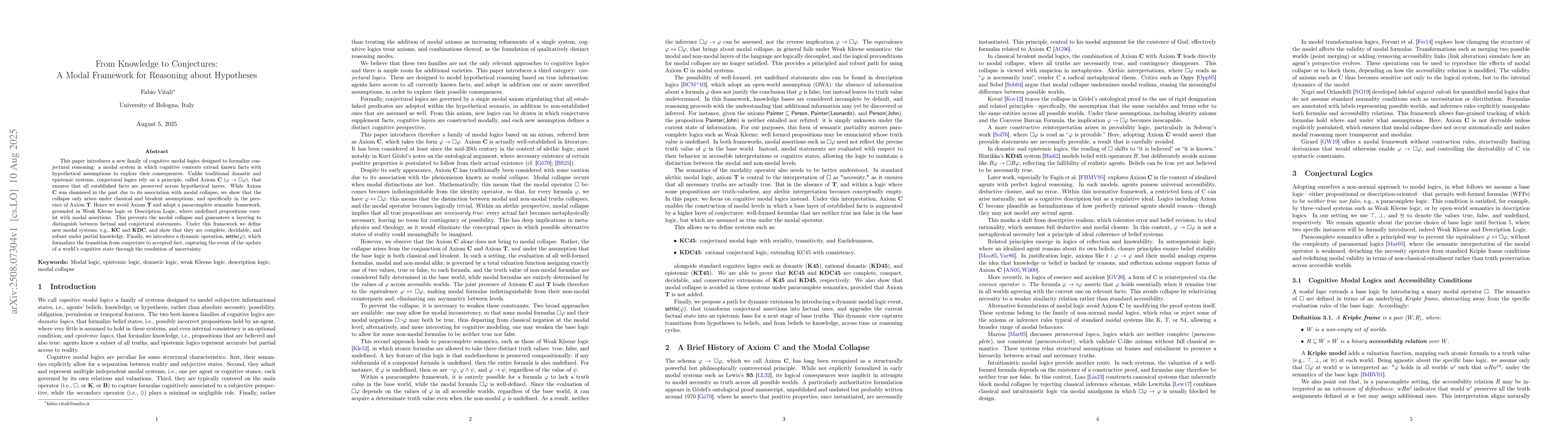 Thumbnail for From Knowledge to Conjectures: A Modal Framework for Reasoning about
  Hypotheses