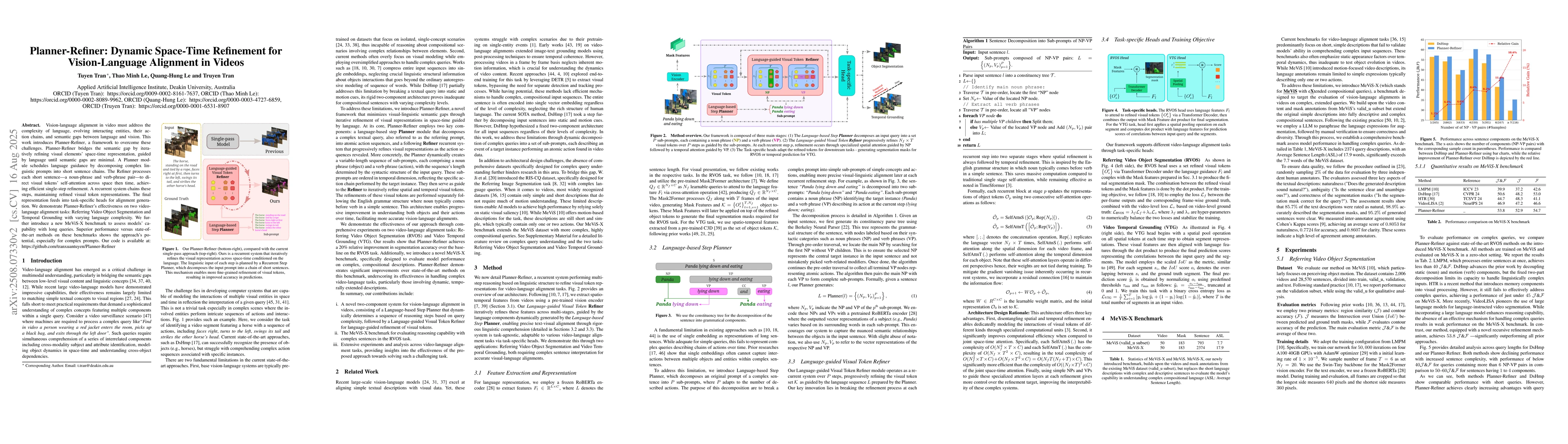 Thumbnail for Planner-Refiner: Dynamic Space-Time Refinement for Vision-Language
  Alignment in Videos