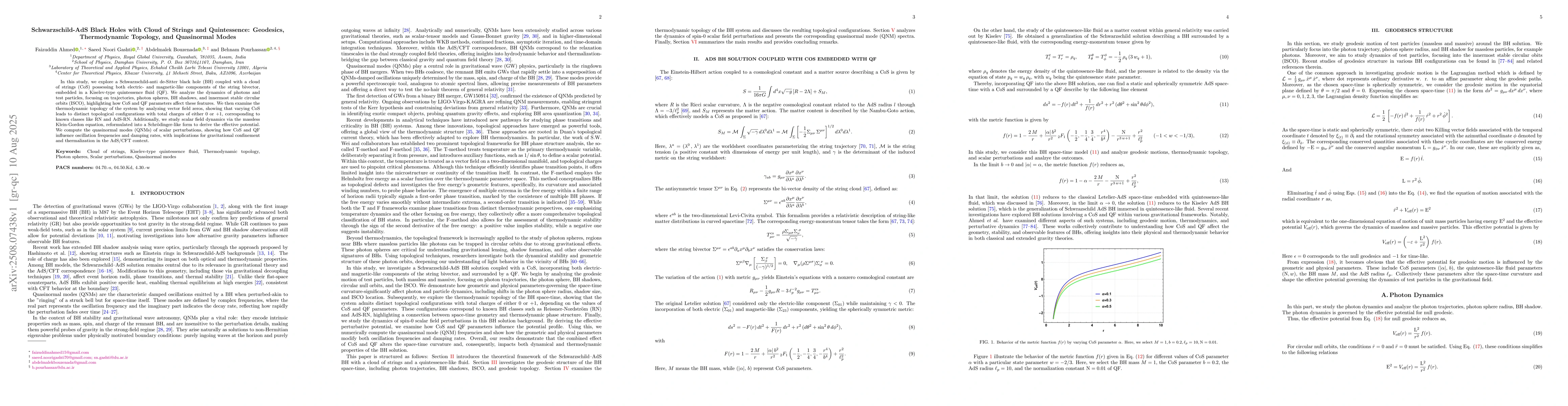 Thumbnail for Schwarzschild-AdS Black Holes with Cloud of Strings and Quintessence:
  Geodesics, Thermodynamic Topology, and Quasinormal Modes