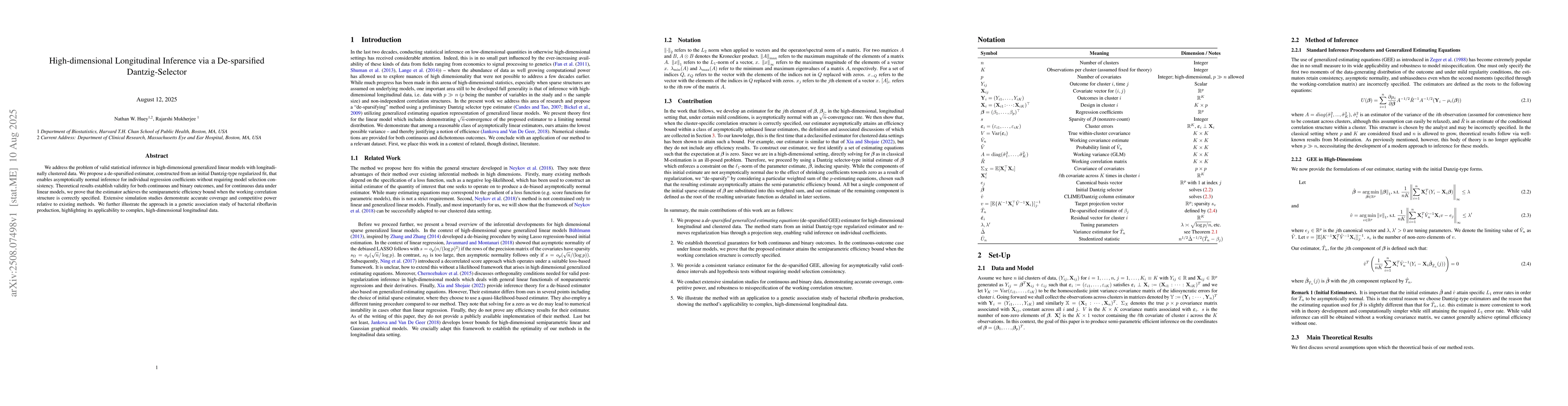 Thumbnail for High-dimensional Longitudinal Inference via a De-sparsified
  Dantzig-Selector