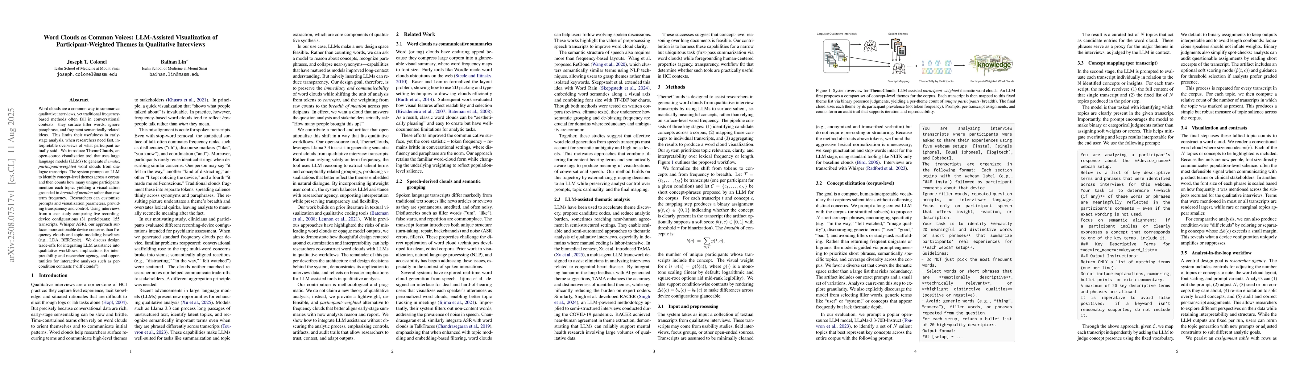 Thumbnail for Word Clouds as Common Voices: LLM-Assisted Visualization of
  Participant-Weighted Themes in Qualitative Interviews