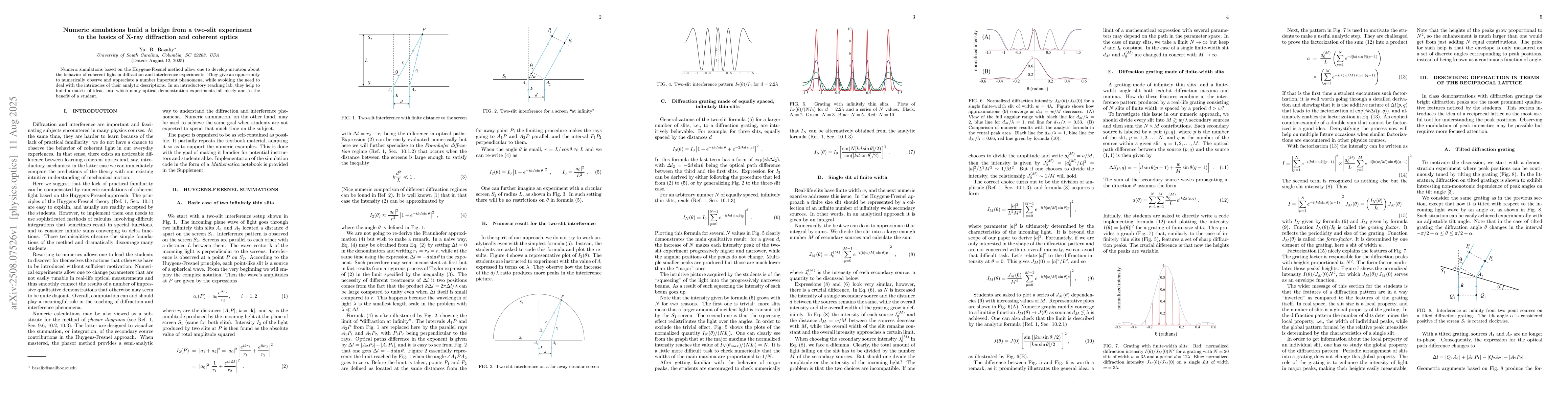Thumbnail for Numeric simulations build a bridge from a two-slit experiment to the
  basics of X-ray diffraction and coherent optics