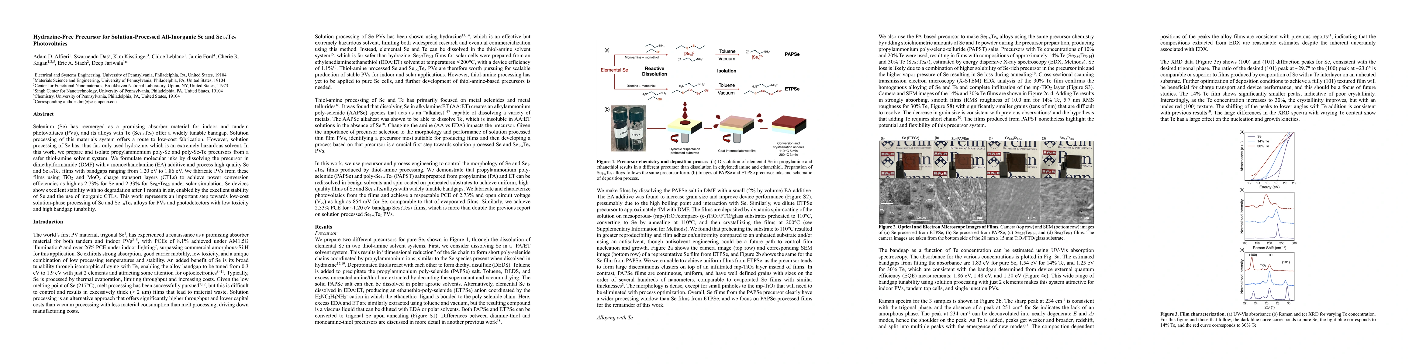 Thumbnail for Hydrazine-Free Precursor for Solution-Processed All-Inorganic Se and
  Se1-xTex Photovoltaics