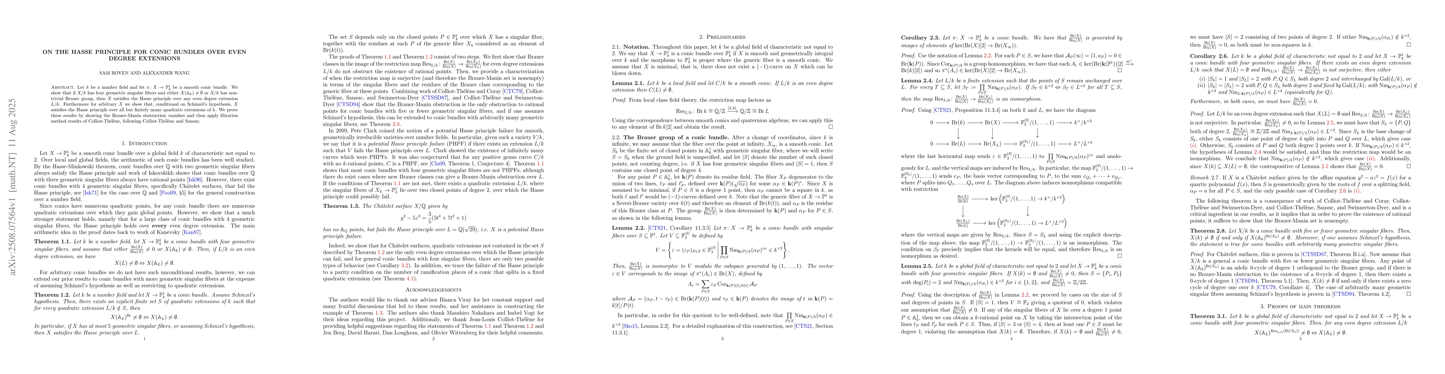 Thumbnail for On the Hasse Principle for conic bundles over even degree extensions