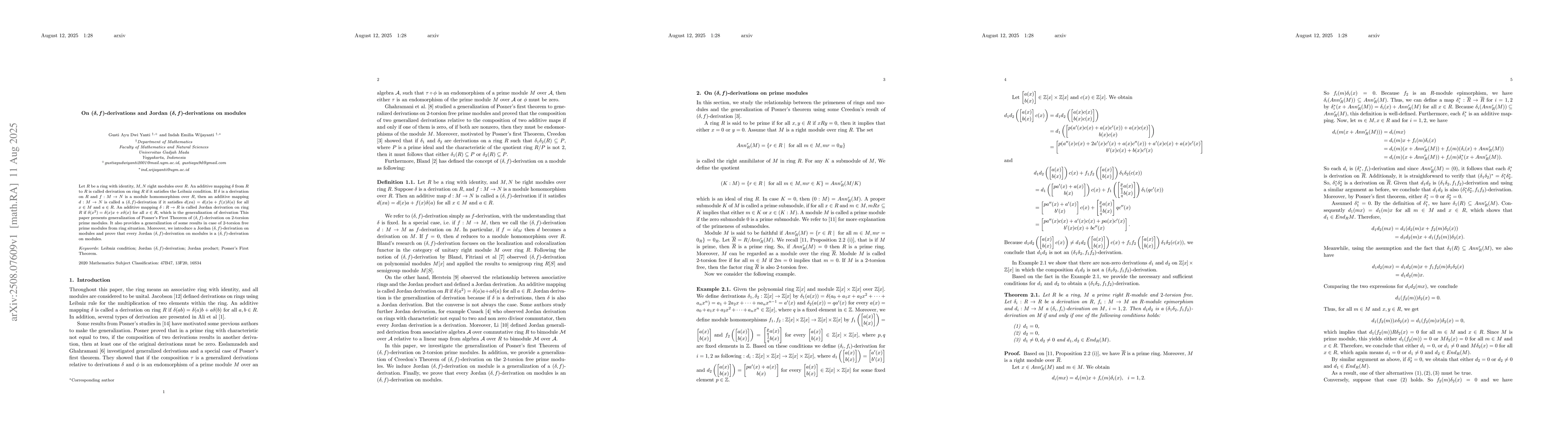 Thumbnail for On $(δ,f)$-derivations and Jordan $(δ,f)$-derivations on
  modules