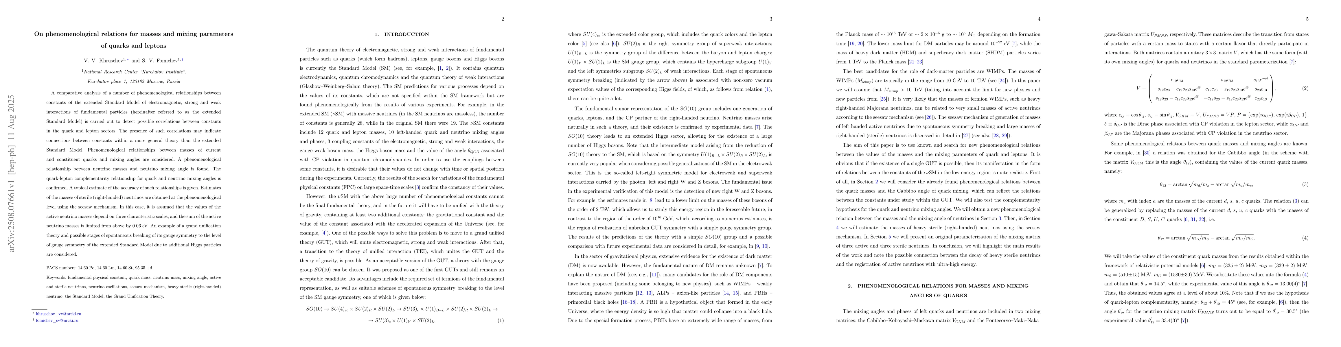 Thumbnail for On phenomenological relations for masses and mixing parameters of quarks
  and leptons