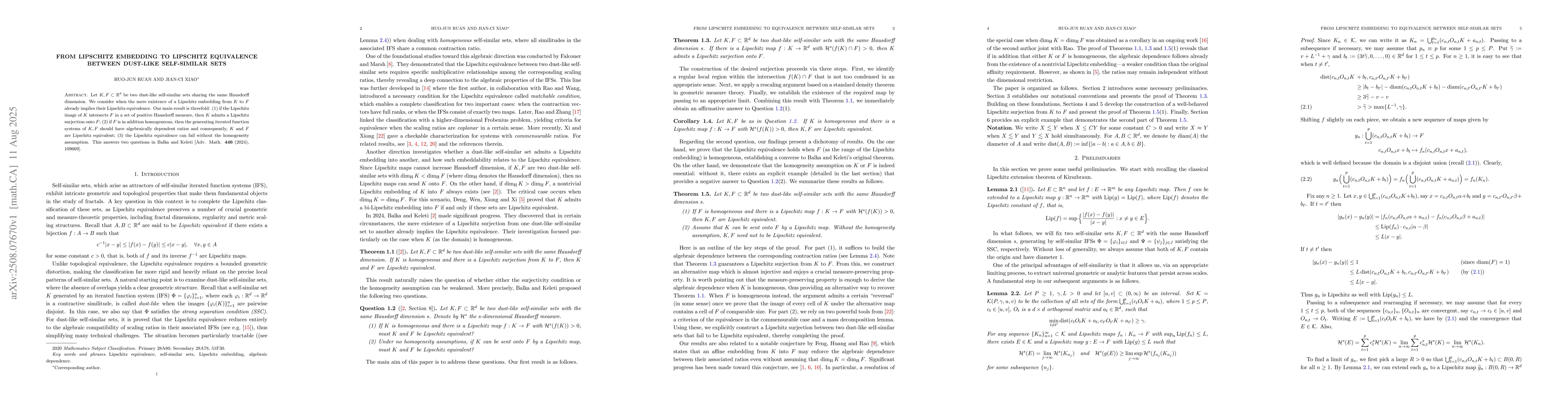 Thumbnail for From Lipschitz embedding to Lipschitz equivalence between dust-like
  self-similar sets