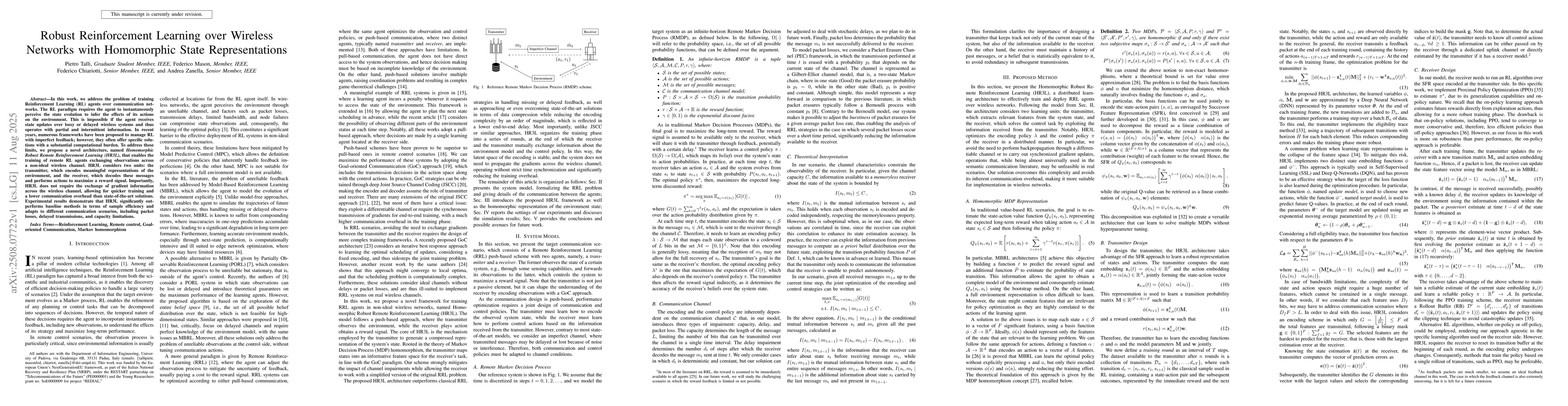 Thumbnail for Robust Reinforcement Learning over Wireless Networks with Homomorphic
  State Representations