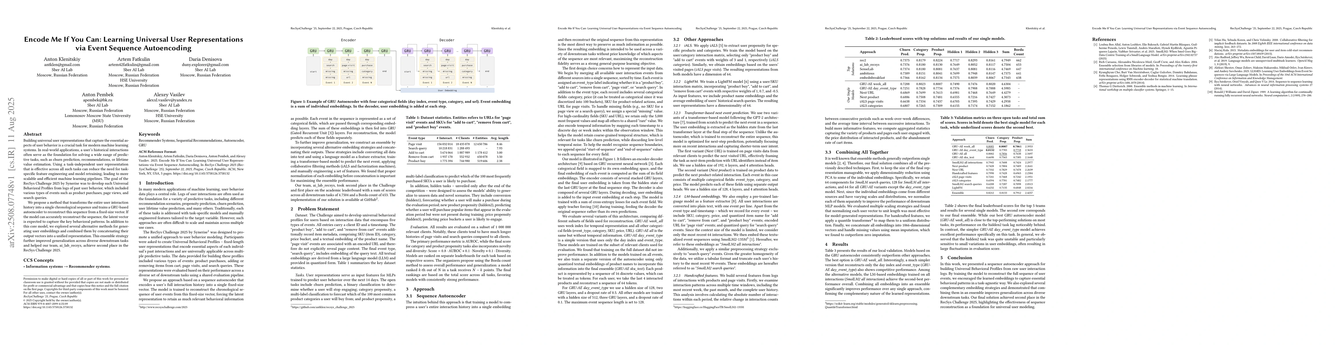 Thumbnail for Encode Me If You Can: Learning Universal User Representations via Event
  Sequence Autoencoding