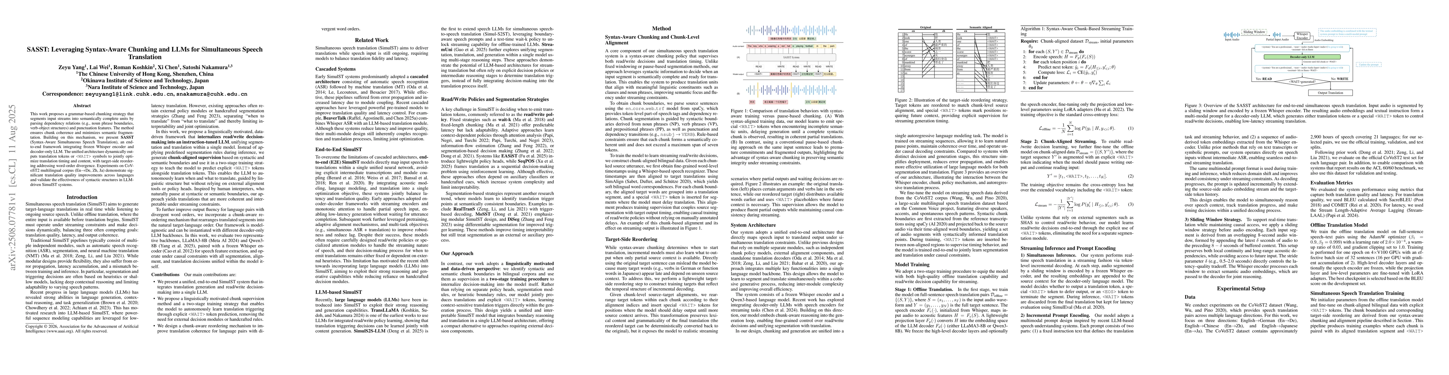 Thumbnail for SASST: Leveraging Syntax-Aware Chunking and LLMs for Simultaneous Speech
  Translation