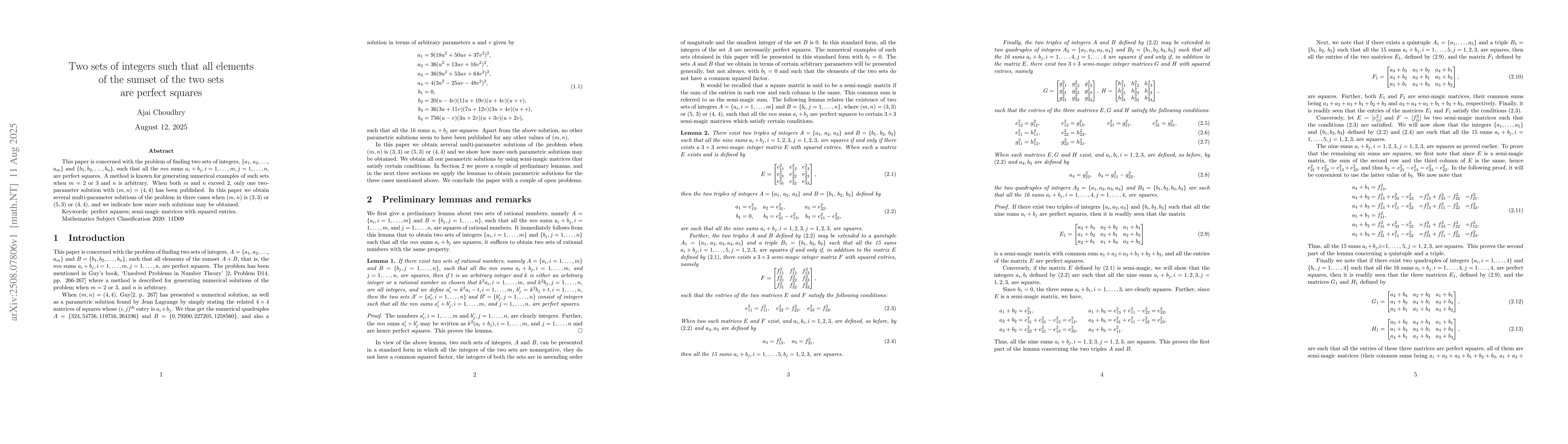 Thumbnail for Two sets of integers such that all elements of the sumset of the two
  sets are perfect squares