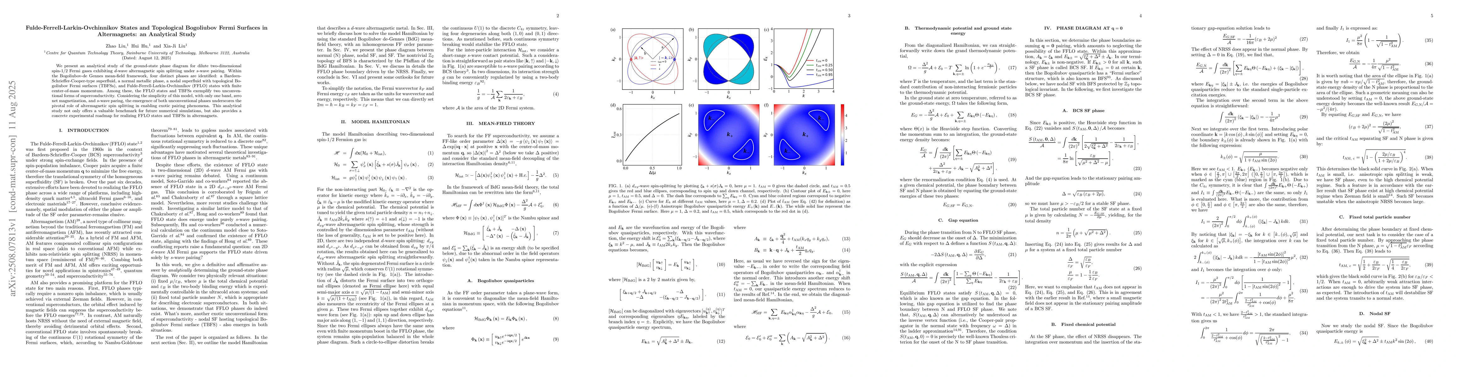 Thumbnail for Fulde-Ferrell-Larkin-Ovchinnikov States and Topological Bogoliubov Fermi
  Surfaces in Altermagnets: an Analytical Study