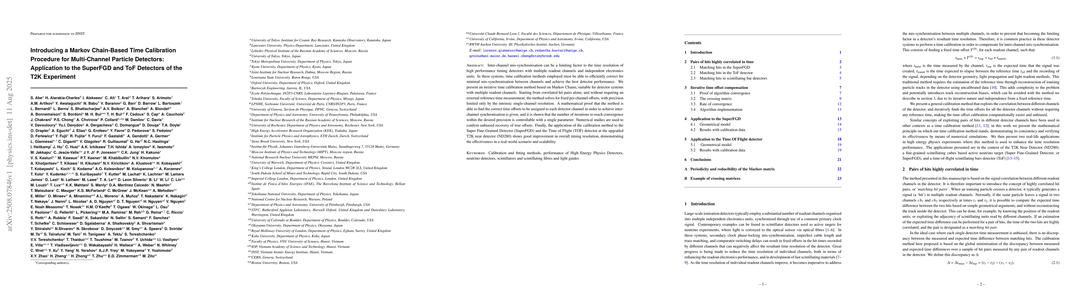 Thumbnail for Introducing a Markov Chain-Based Time Calibration Procedure for
  Multi-Channel Particle Detectors: Application to the SuperFGD and ToF
  Detectors of the T2K Experiment