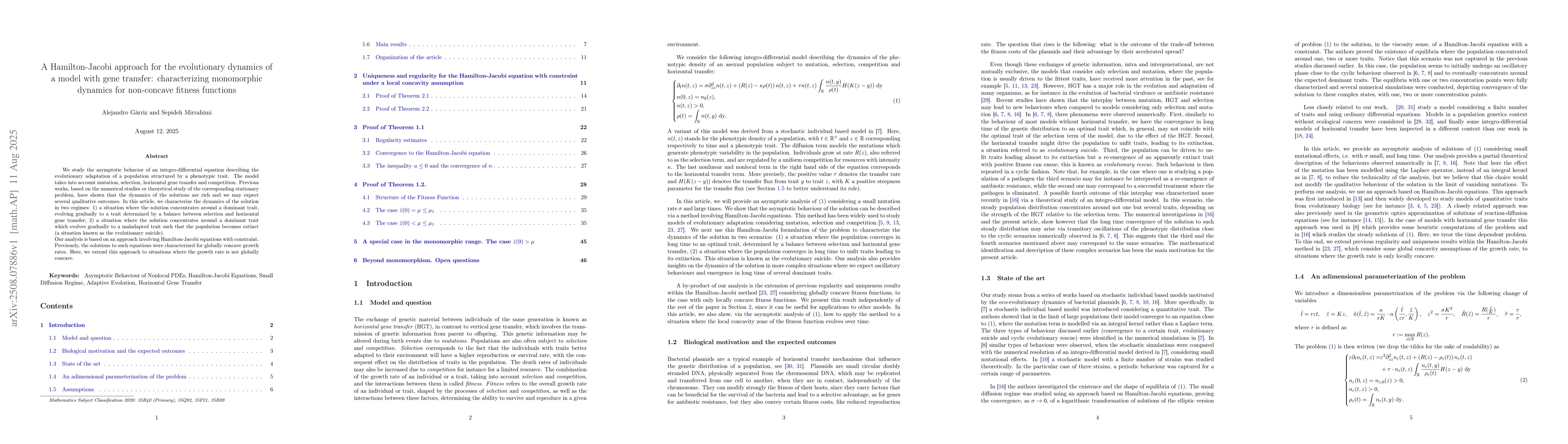 Thumbnail for A Hamilton-Jacobi approach for the evolutionary dynamics of a model with
  gene transfer: characterizing monomorphic dynamics for non-concave fitness
  functions
