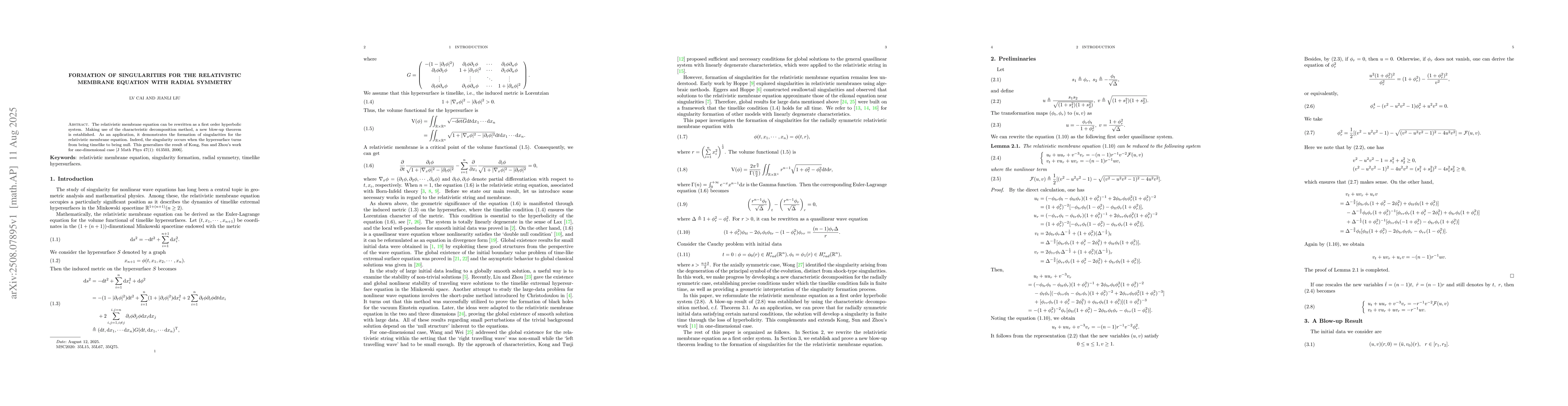 Thumbnail for Formation of singularities for the relativistic membrane equation with
  radial symmetry
