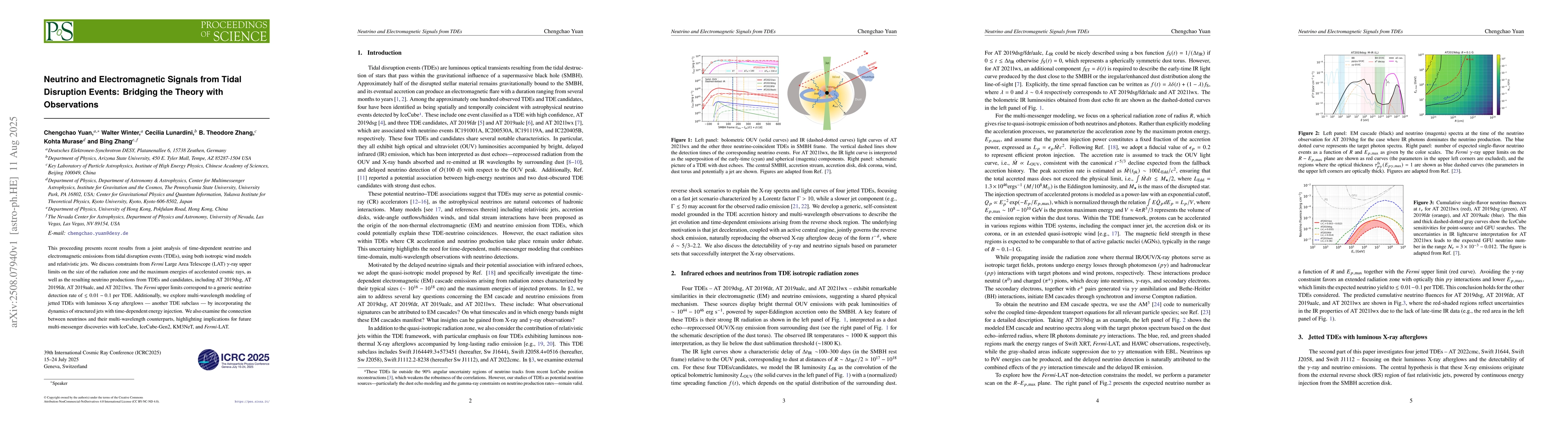 Thumbnail for Neutrino and Electromagnetic Signals from Tidal Disruption Events:
  Bridging the Theory with Observations