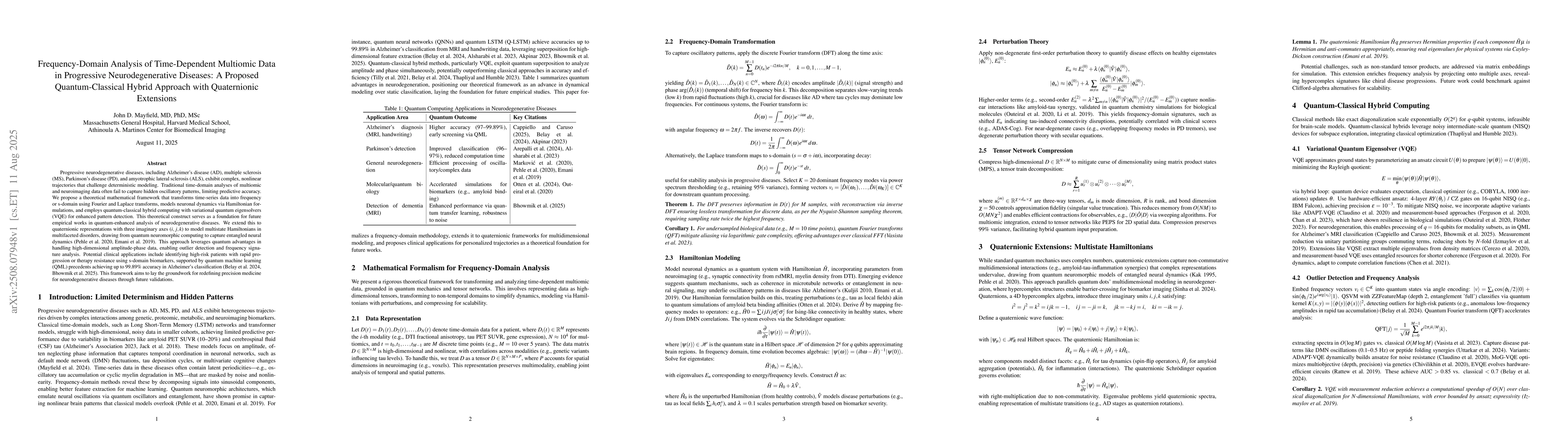 Thumbnail for Frequency-Domain Analysis of Time-Dependent Multiomic Data in
  Progressive Neurodegenerative Diseases: A Proposed Quantum-Classical Hybrid
  Approach with Quaternionic Extensions