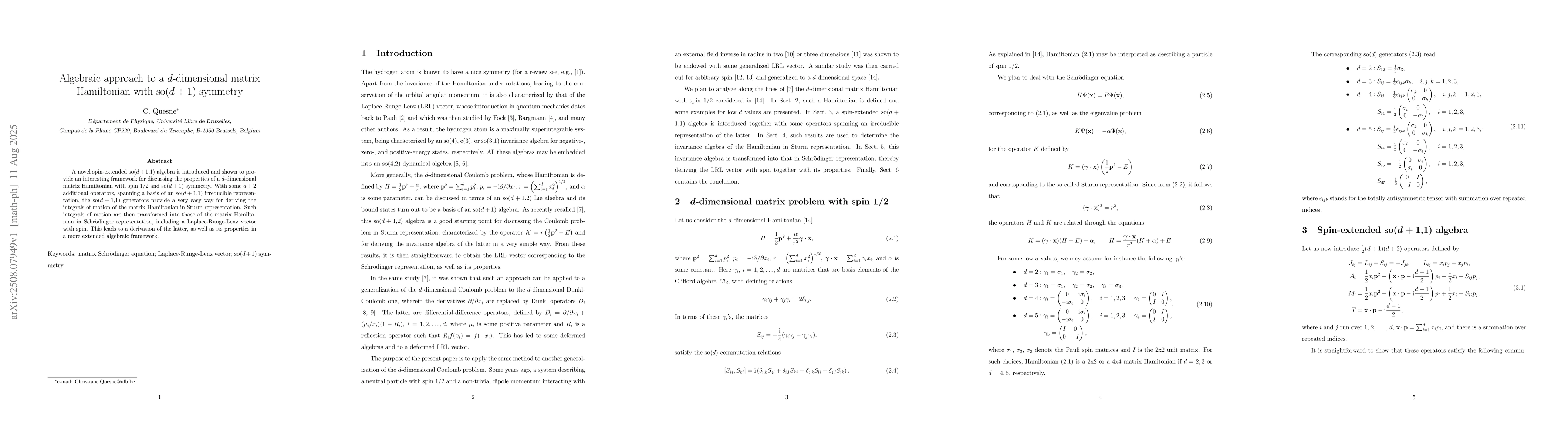 Thumbnail for Algebraic approach to a $d$-dimensional matrix Hamiltonian with
  so($d+1)$ symmetry