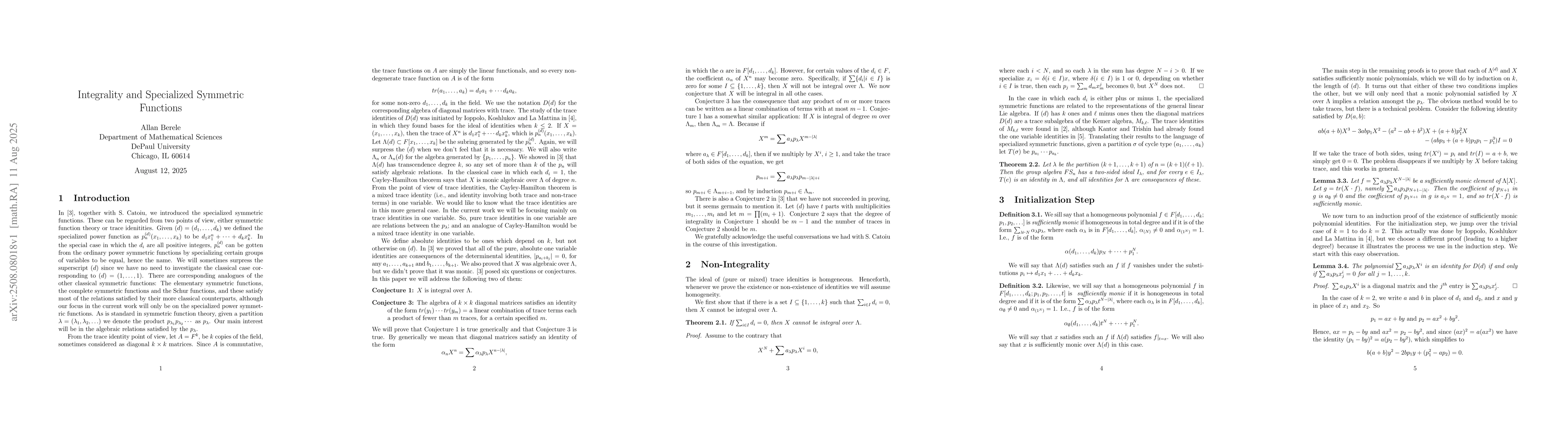 Thumbnail for Integrality and Specialized Symmetric Functions