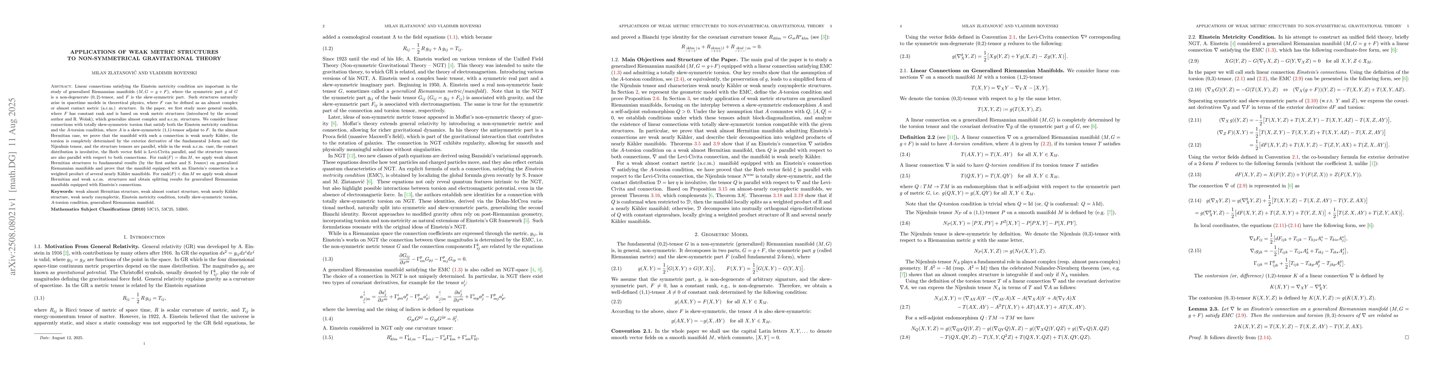 Thumbnail for Applications of Weak Metric Structures to Non-Symmetrical Gravitational
  Theory