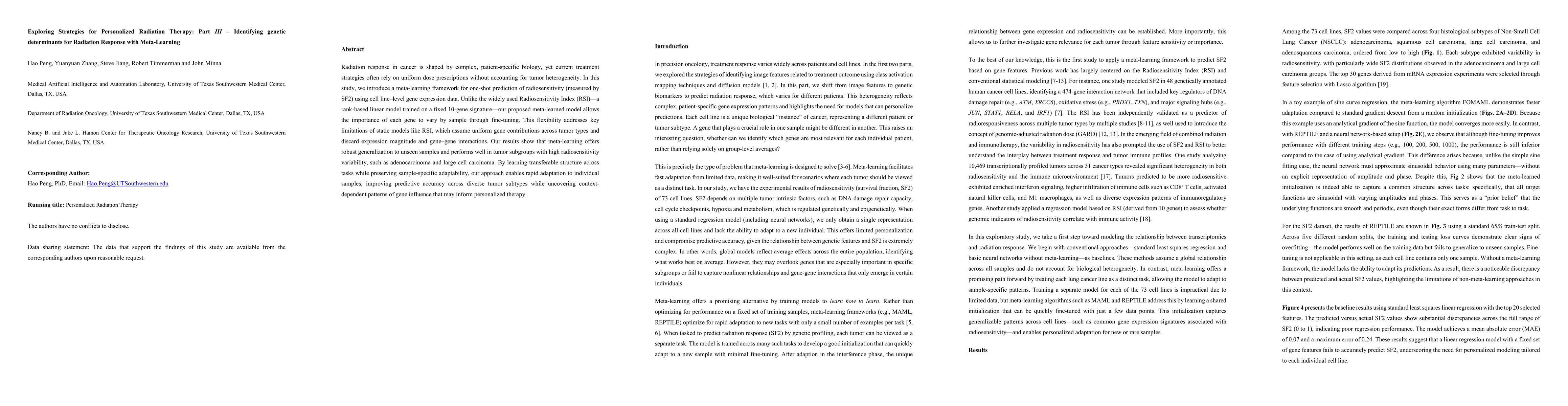 Thumbnail for Exploring Strategies for Personalized Radiation Therapy: Part III
  Identifying genetic determinants for Radiation Response with Meta Learning