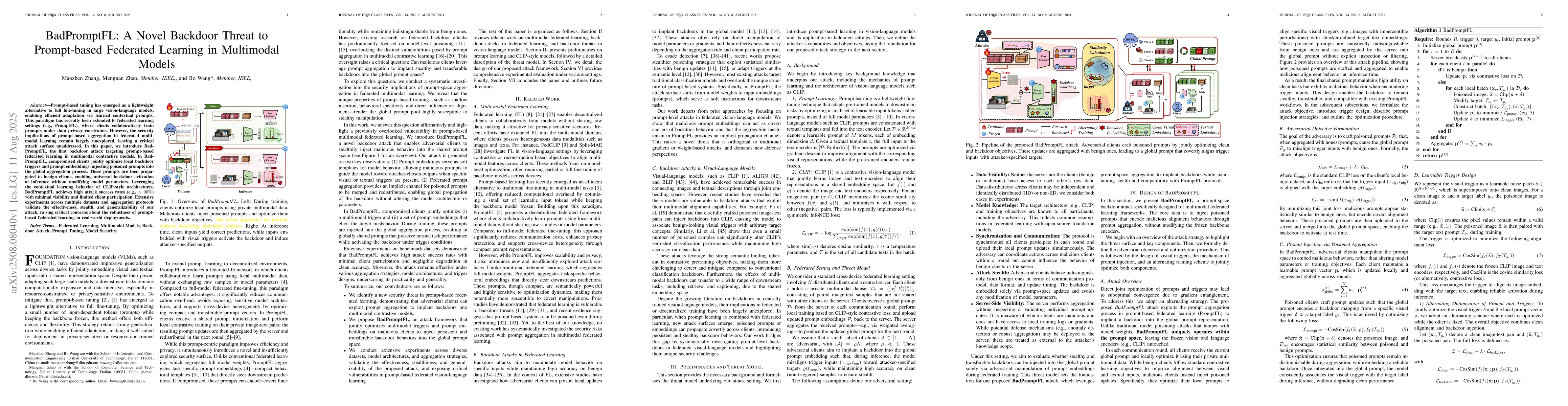 Thumbnail for BadPromptFL: A Novel Backdoor Threat to Prompt-based Federated Learning
  in Multimodal Models