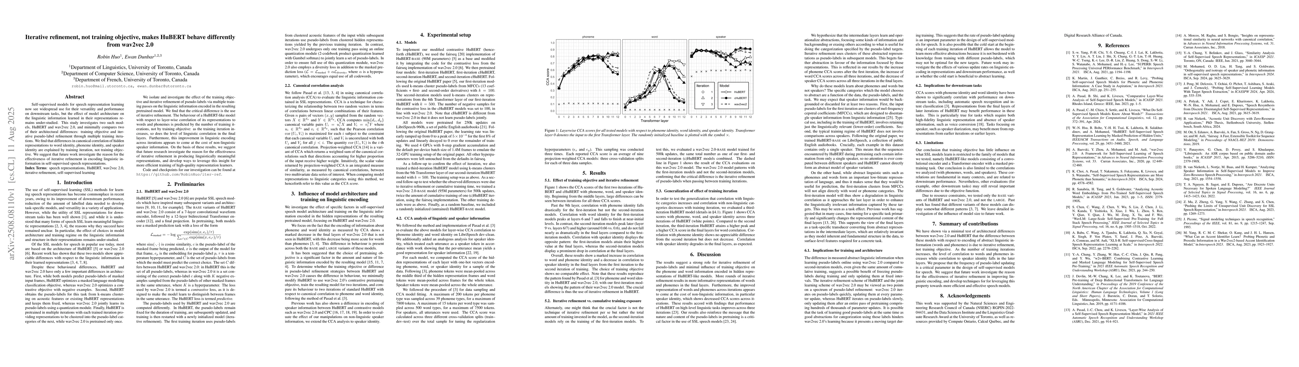 Thumbnail for Iterative refinement, not training objective, makes HuBERT behave
  differently from wav2vec 2.0