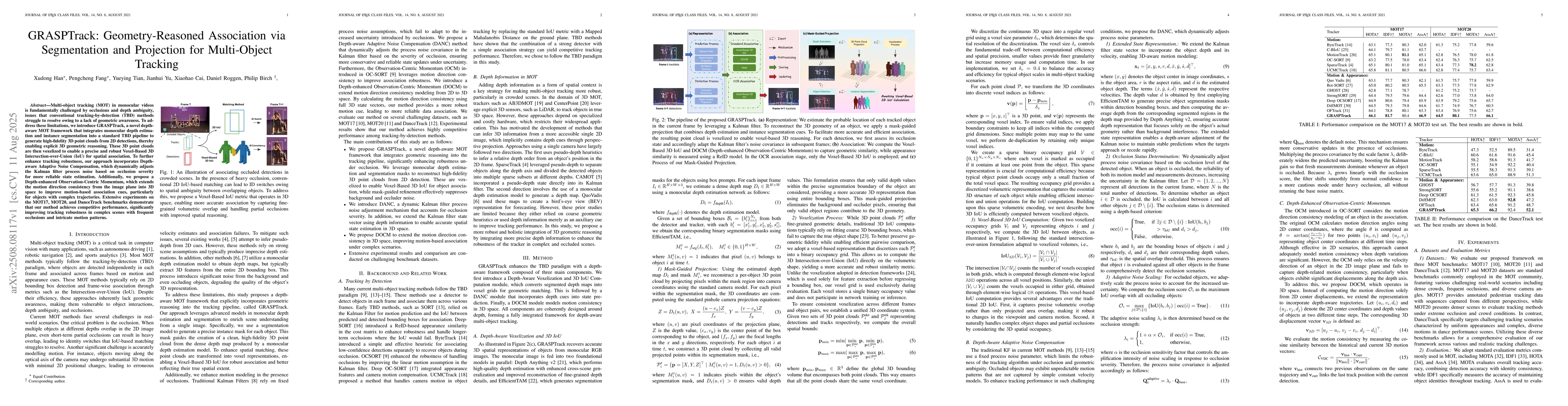 Thumbnail for GRASPTrack: Geometry-Reasoned Association via Segmentation and
  Projection for Multi-Object Tracking