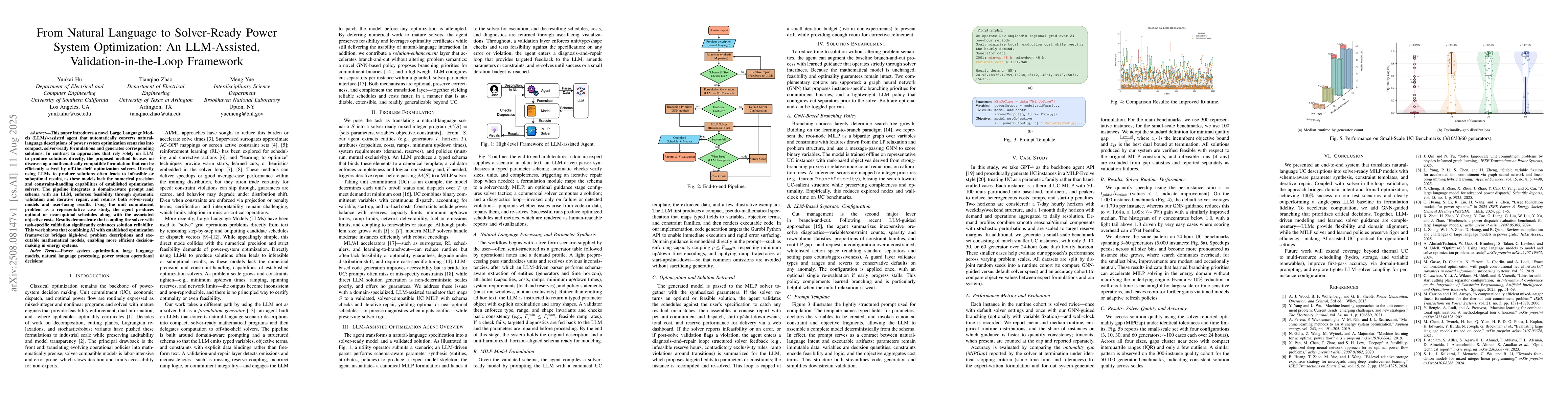 Thumbnail for From Natural Language to Solver-Ready Power System Optimization: An
  LLM-Assisted, Validation-in-the-Loop Framework