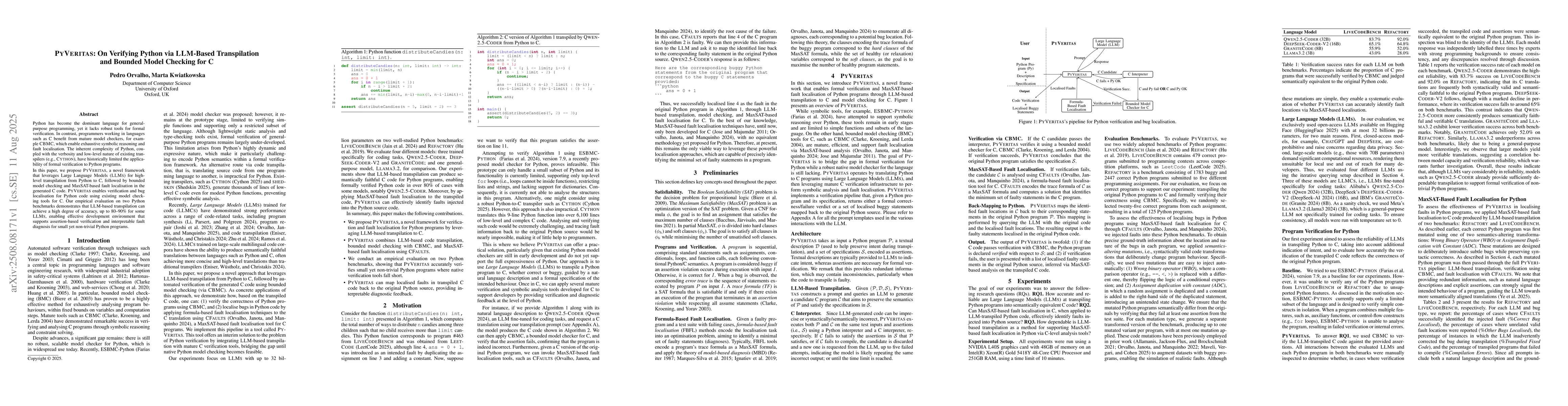 Thumbnail for PyVeritas: On Verifying Python via LLM-Based Transpilation and Bounded
  Model Checking for C