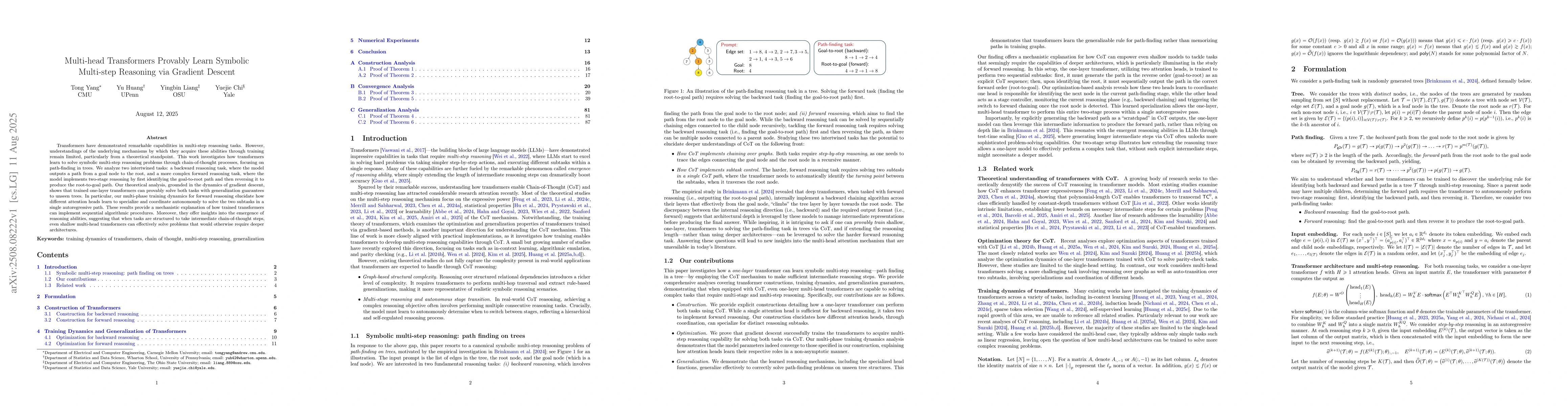 Thumbnail for Multi-head Transformers Provably Learn Symbolic Multi-step Reasoning via
  Gradient Descent