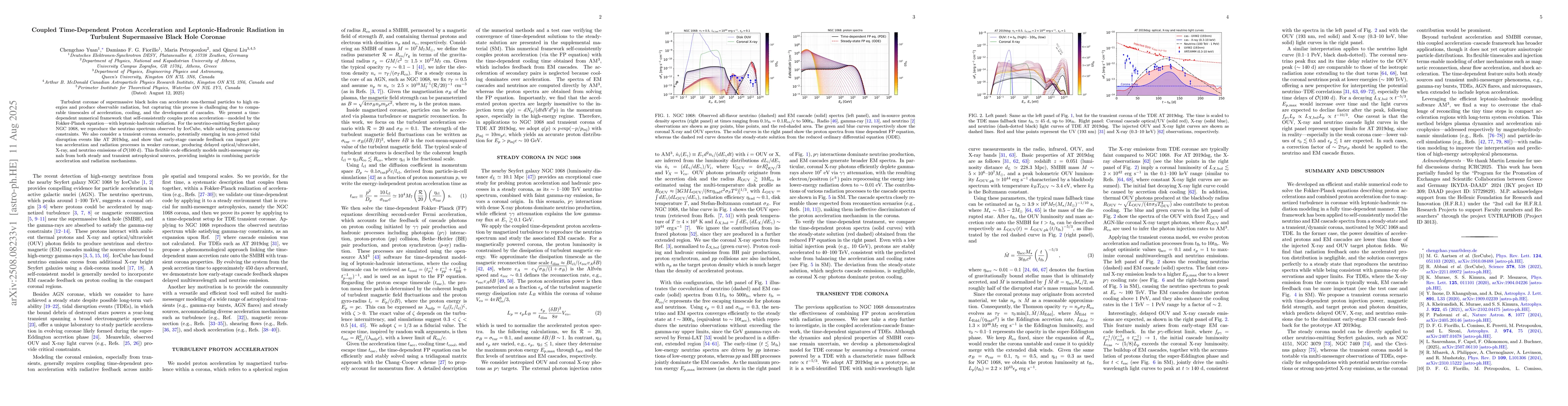 Thumbnail for Coupled Time-Dependent Proton Acceleration and Leptonic-Hadronic
  Radiation in Turbulent Supermassive Black Hole Coronae