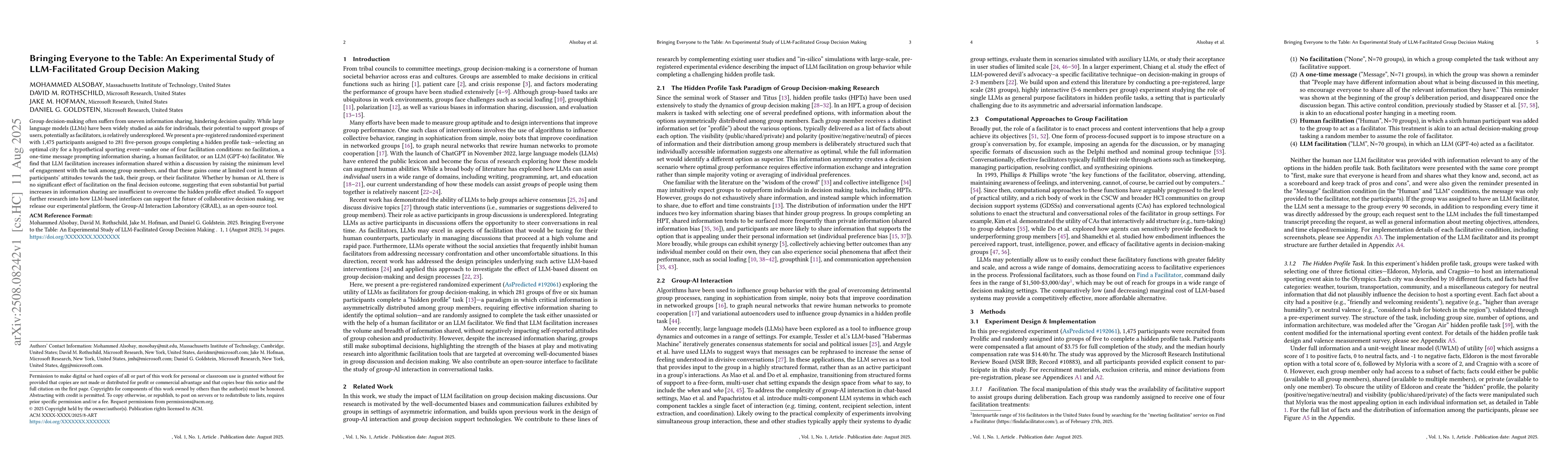 Thumbnail for Bringing Everyone to the Table: An Experimental Study of LLM-Facilitated
  Group Decision Making