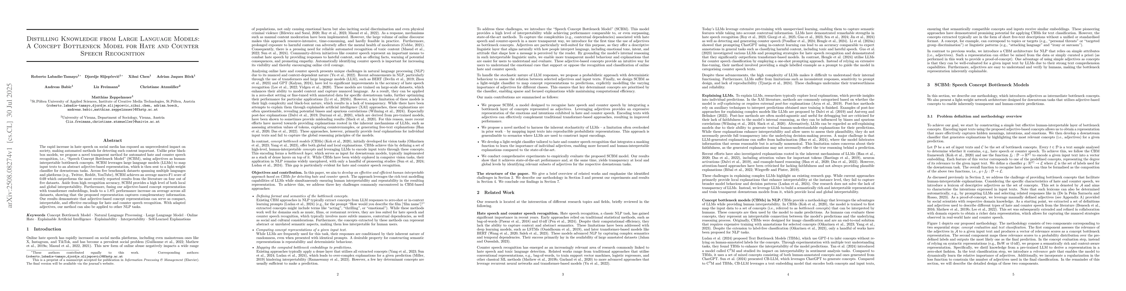 Thumbnail for Distilling Knowledge from Large Language Models: A Concept Bottleneck
  Model for Hate and Counter Speech Recognition